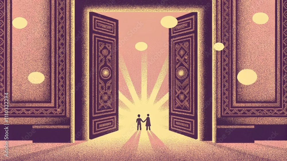 Poster A visionary scene of grand mystical gates adorned with intricate golden embellishments opening wide to showcase a dazzling realm of soft light. The atmosphere is imbued with a. Cartoon