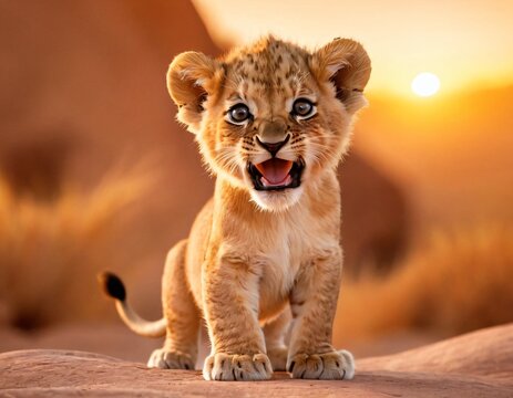 An adorable cartoon-style orange lion cub with a small mane, tiny paws, and large, expressive yellow eyes. The lion cub is roaring cutely. Ai generated image.