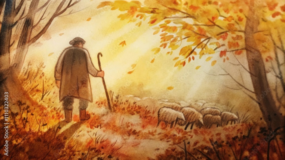 Poster captured during autumn the shepherd walks through a forest of colorful leaves his staff t softly aga