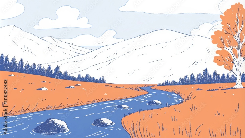 Poster deep within the mountains a stream flows quietly through a forest glade its banks covered in soft gr