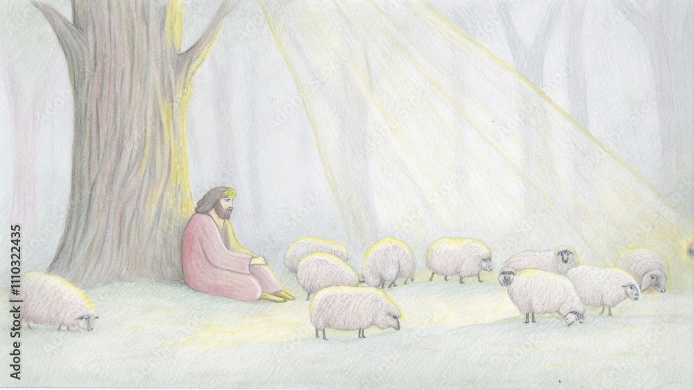 Poster deep in a wooded area a shepherd rests against an ancient tree his flock tered around him. dappled s