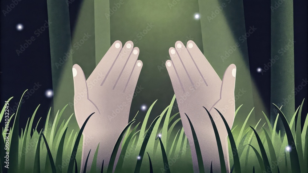 Poster Dewy Grass Beneath Hands uplifted in prayer fingertips slightly spread resting above a bed of dewcovered grass. Light filters through the trees illuminating the fingers with a soft. Cartoon