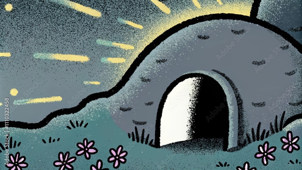 Poster Echoes of Light An empty tomb sits at the base of a mystical hill the stone slightly rolled away letting forth a brilliant almost blinding white light. The intensity of the light. Cartoon