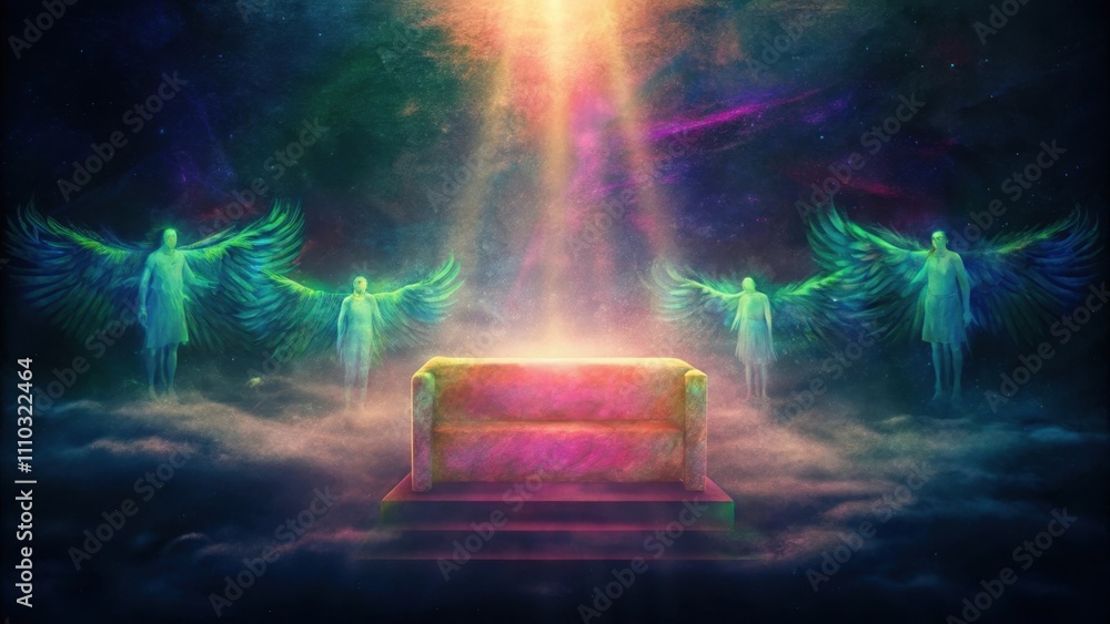 Poster Divine Majesty At the center the throne appears as a colossal structure made of pure light emanating a warm inviting glow. Surrounding it a multitude of radiant figures with wings. Cartoon