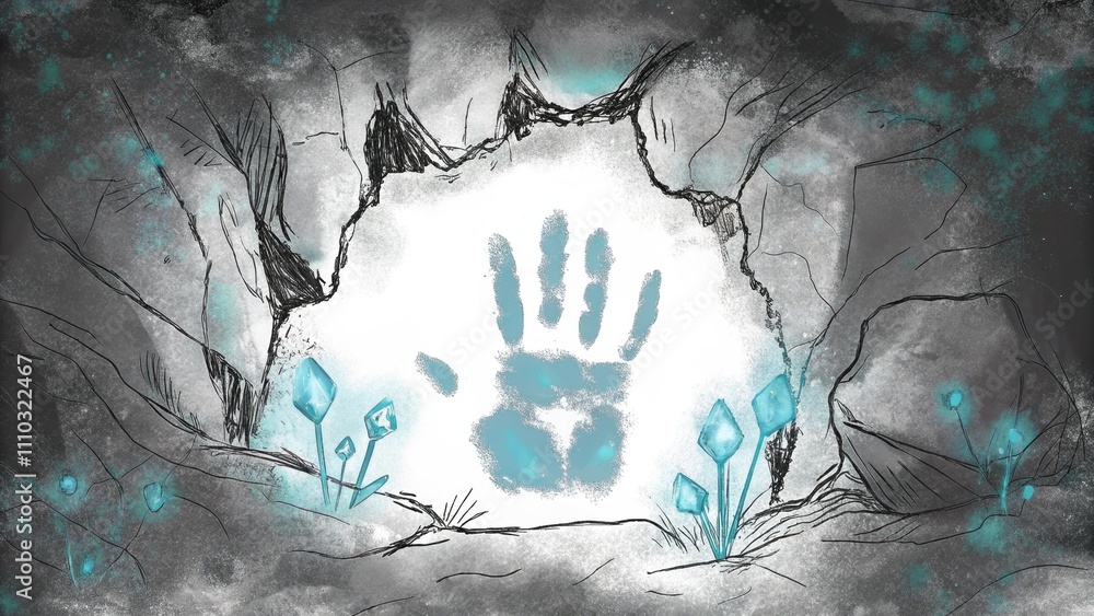 Poster embedded in a cave wall a translucent blue handprint glows faintly casting an ambient turquoise ligh