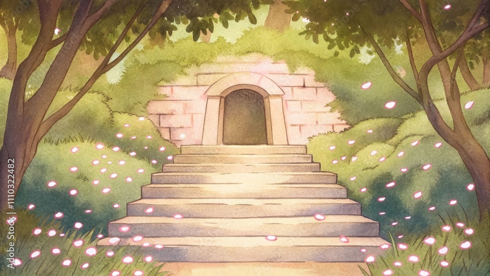 Poster eternal promise the entrance of the tomb is surrounded by a beautiful garden with petals caught in t