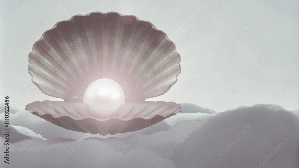 Poster Eternal Embrace A soft and ethereal scene depicting the pearl enveloped in gentle clouds with rays of light streaming down toward it. The imagery evokes a sense of the divine and. Cartoon