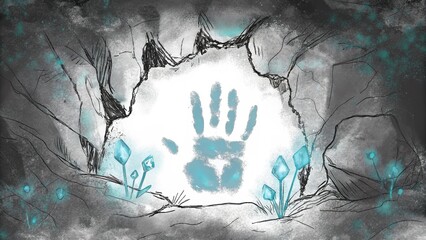 Embedded in a cave wall a translucent blue handprint glows faintly casting an ambient turquoise light upon the rugged stone. Surrounding it small crystals reflect the light. Cartoon