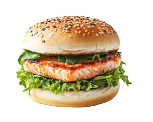 Salmon burger with sesame seed bun, lettuce, and fresh greens