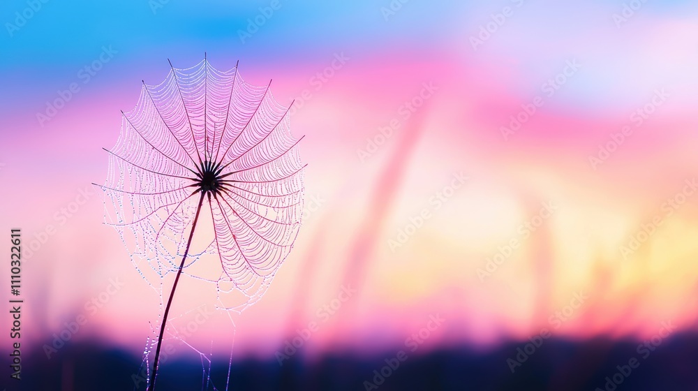 Poster a backlit spider web against a colorful sunset sky, creating a silhouette of the web and showcasing 