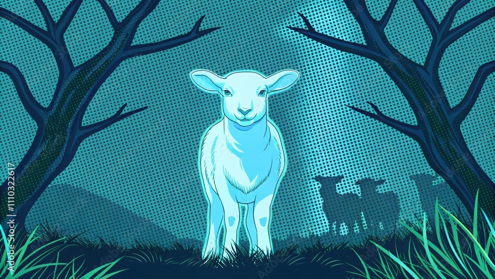 Poster in an open meadow filled with wildflowers a lamb glows with a soft blue luminescence surrounded by t