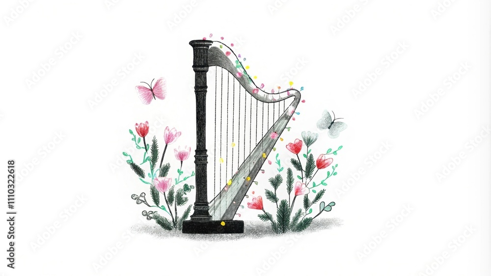Poster in an otherworldly garden a harp entwined with glowing vines stands adorned with multicolored flower