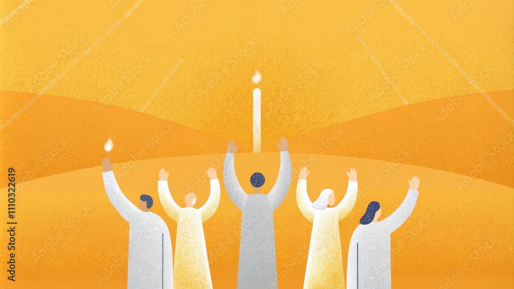 Poster in an openair setting a gathering of believers stands together with outstretched arms their heads ra