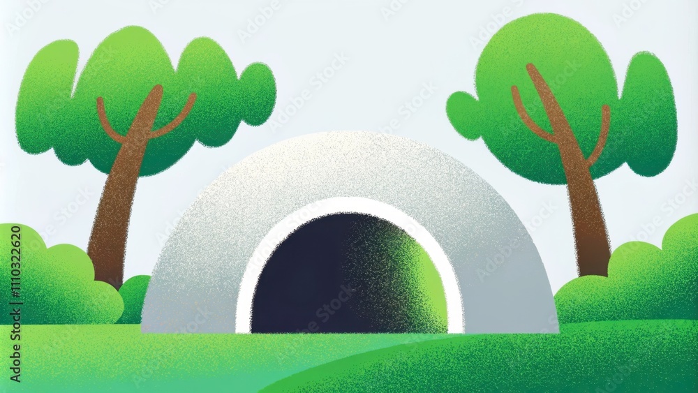Poster In a panoramic view the empty tomb rests on a grassy knoll surrounded by ancient trees. Light filters through the foliage casting dappled shadows on the earth. A stone that once. Cartoon