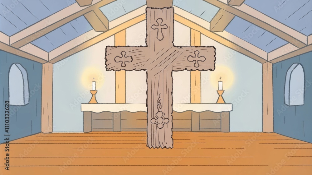 Poster in a rustic chapel a grand wooden cross hangs from the vaulted ceiling bathed in warm candlelight. t