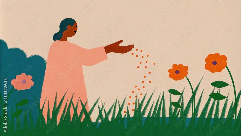 Poster in a lush meadow edged by tall grass a sower adorned in a flowing linen garment casts seeds joyfully