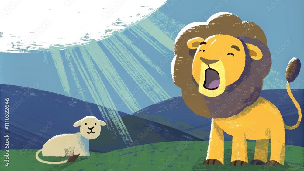 Poster in a quiet sanctuary illuminated by soft rays of light breaking through the clouds a lion roars defi