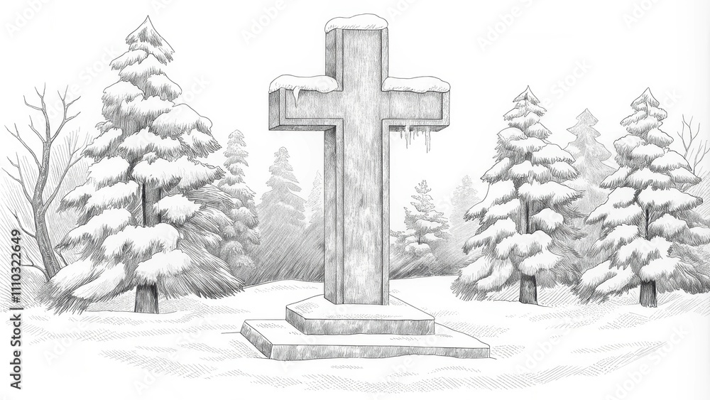 Poster in a quiet winter landscape a glimmering ice cross stands frozen in the middle of a snowcovered clea