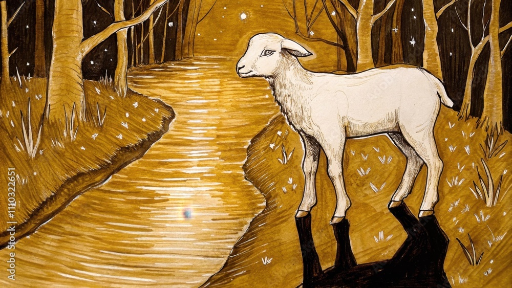 Poster in a quiet twilight setting a lamb stands beside a babbling brook its reflection shimmering in the w