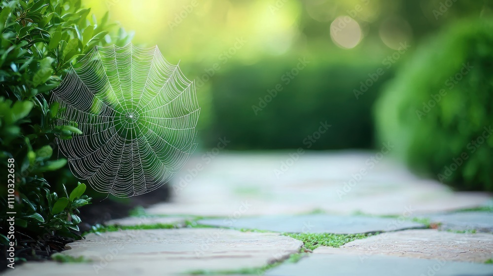 Poster a spider web spun across a pathway in a garden, with a single strand catching the light and drawing 