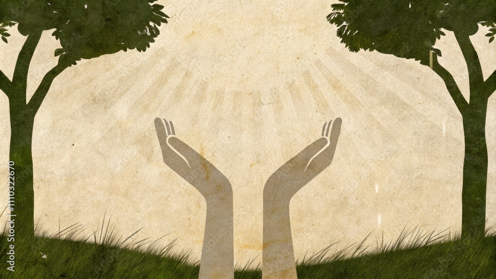 Poster in a serene natural setting hands emerge from lush green grass palms tilted upward to receive strand