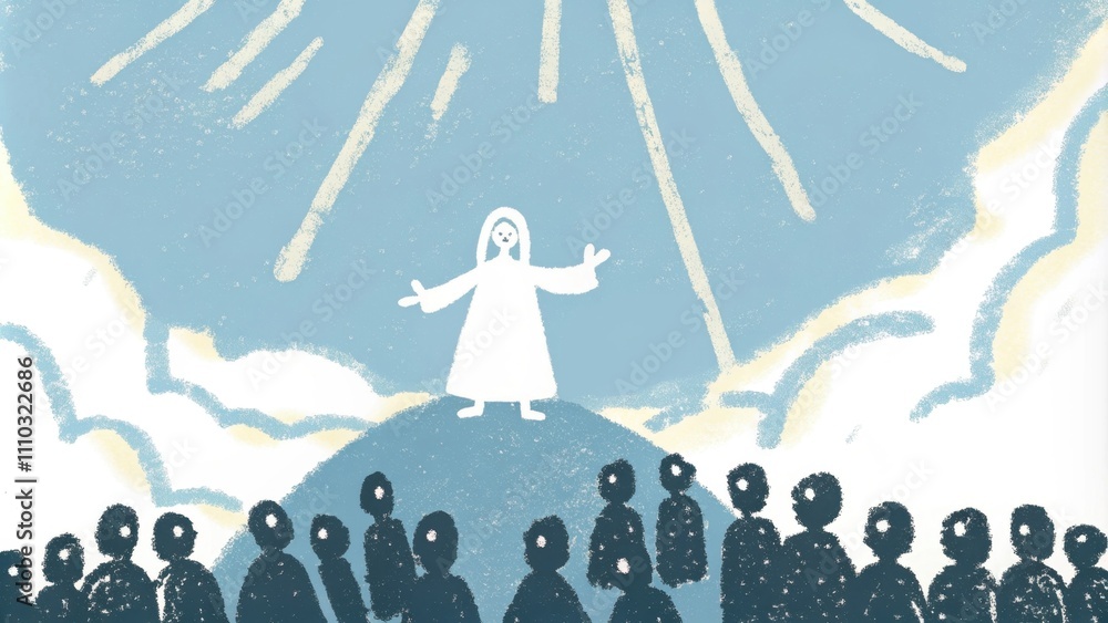 Poster in a serene yet powerful scene a benevolent figure robed in white stands on a mountaintop surrounded
