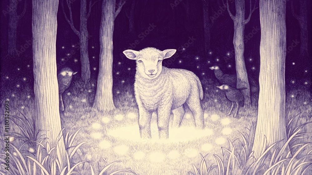 Poster in a tranquil grove illuminated by fireflies a lamb radiates an eyecatching crystal glow creating a 