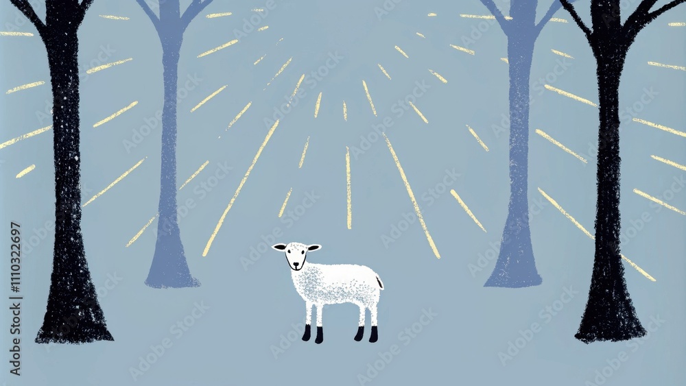 Aufkleber In a tranquil glade the lamb stands between two ancient trees their mighty trunks representing strength and endurance. Sunlight dapples through the leaves above creating patterns. Cartoon