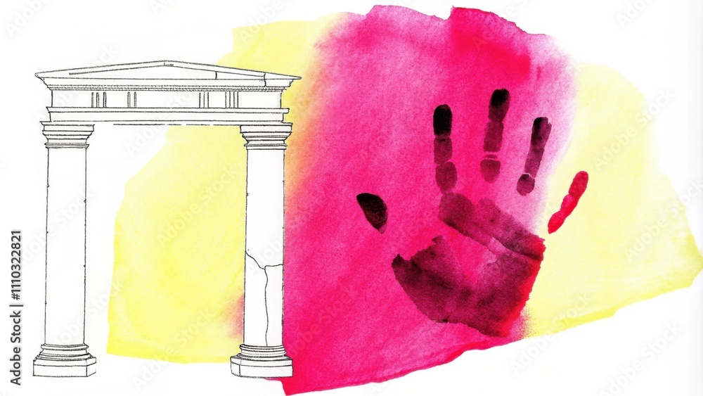 Poster in the ruins of what seems to be an ancient temple a handprint of deep crimson glows against a backd