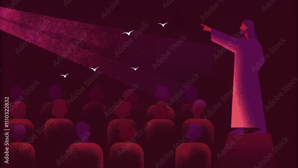 Poster jesus illuminated by soft rays of sunlight points towards distant fields while telling the story. th