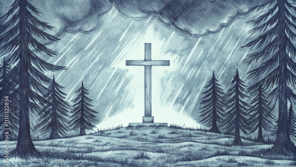 Poster in the heart of a shadowy forest a glowing cross emerges from a clearing surrounded by windtossed tr