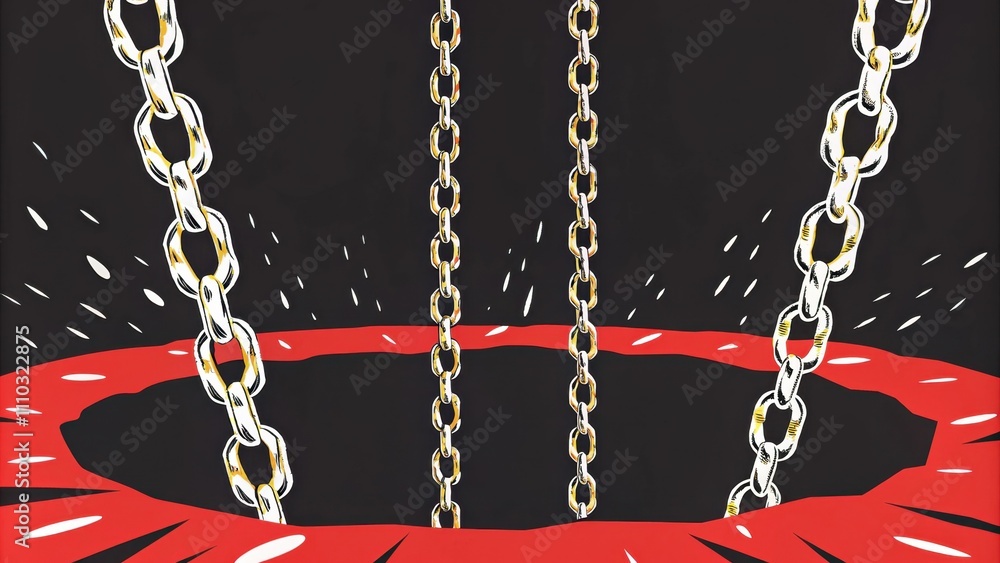 Aufkleber multiple chains intertwined like roots descending into a shadowy pit. the chains emit a faint blue g