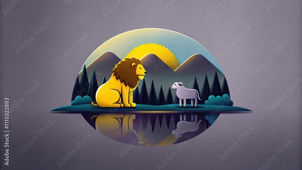 Aufkleber on a serene lakeshore the lion and the lamb stand together mirroring each others reflection in the s