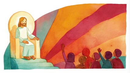 Obraz premium Mediator of Souls In a poignant portrayal Jesus is seated on a throne made of light with a serene expression reaching out toward a multitude of souls rising towards Him. The. Cartoon