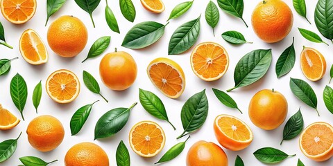 Obraz premium Fashion Photography of a Vibrant Seamless Pattern Featuring Oranges and Leaves Against a Crisp White Background for Fresh and Stylish Design Inspiration