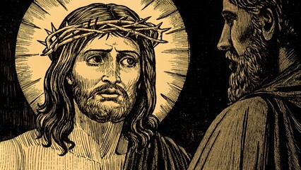 Fototapeta premium Jesuss face reflects serene determination while Peters face shows a mix of embarrassment and gratitude making the scene deeply emotional.. Cartoon