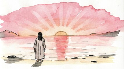 On the edge of a serene lake during dawn Mary Magdalene is seen standing at the waters edge her reflection disturbed by her quiet sobs. Jesus walks toward her a reassuring presence. Cartoon