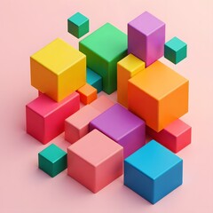 Colorful geometric blocks arrangement against a soft pink background