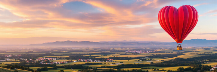 Fototapeta premium Valentine's Day: A heart-shaped hot air balloon floating over a picturesque landscape.