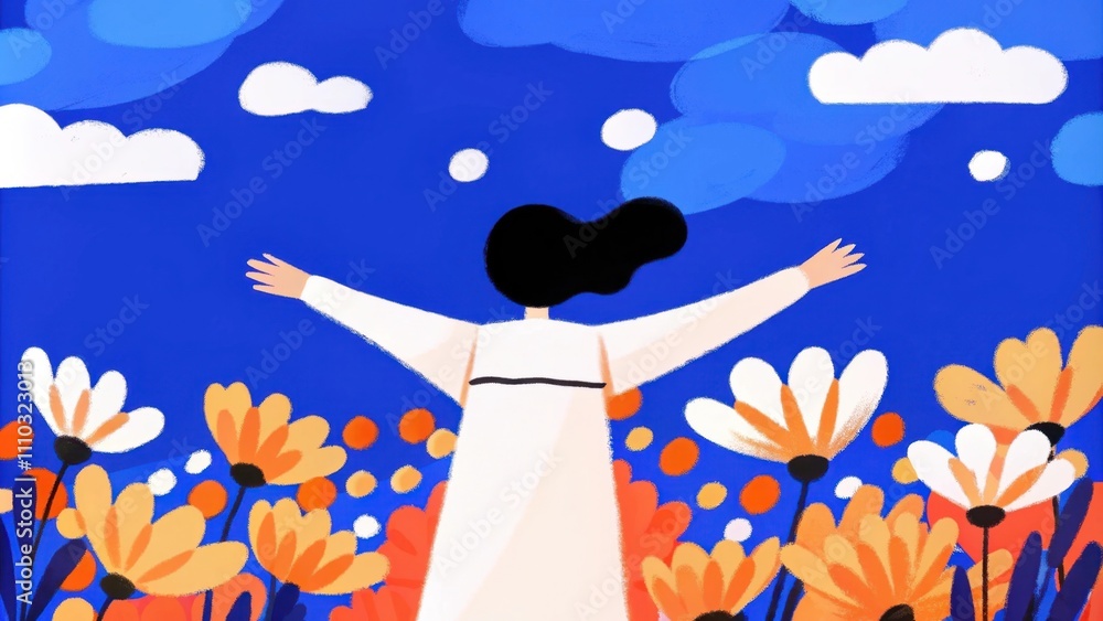 Poster surrounded by a vibrant field of wildflowers the figure stands with arms extended wide enveloped by 