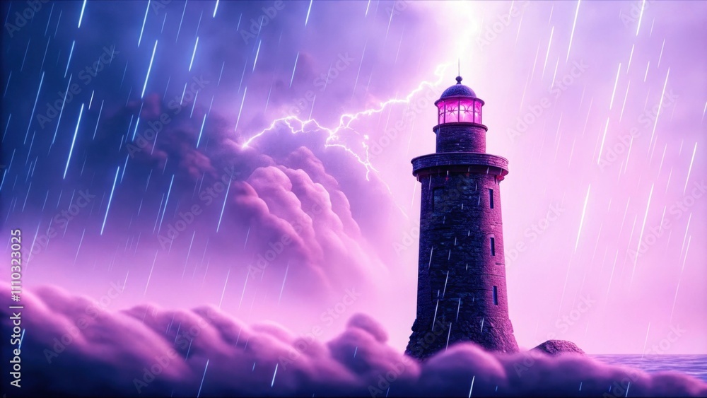 Poster surrounded by tumultuous clouds and fastmoving winds a strong tower rises above an undulating landsc