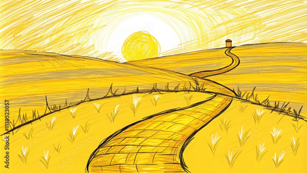 Poster The golden path is surrounded by rolling hills blanketed in morning dew sparkling like diamonds in the dawns light. Each curve of the path appears as if it were painted with liquid. Cartoon