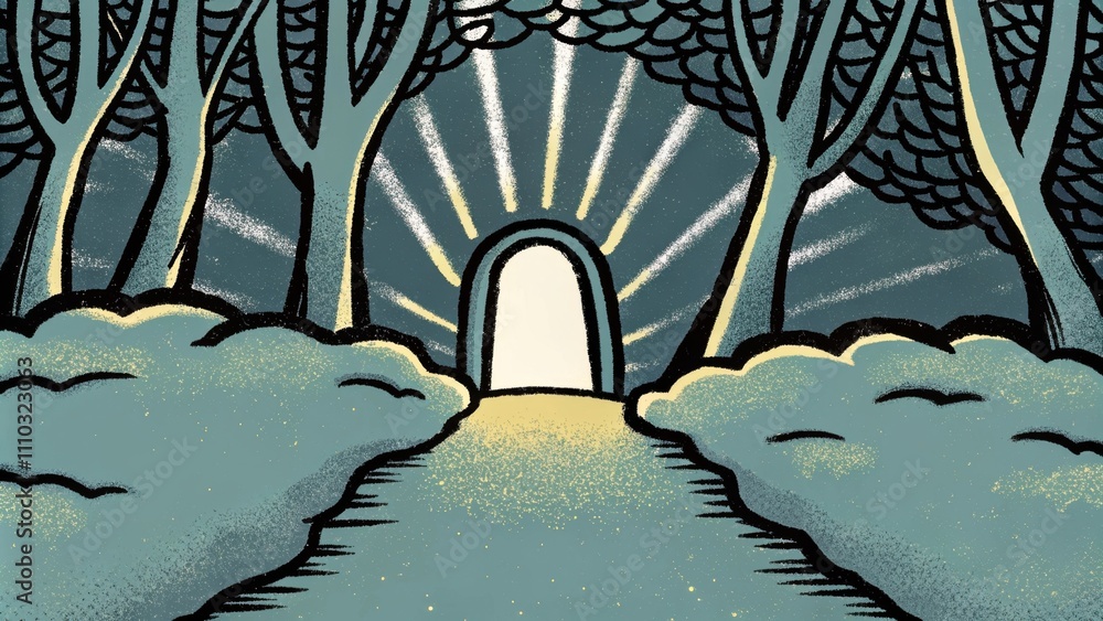 Poster the golden pathway stretches toward a radiant ethereal gate made of light and mist standing majestic