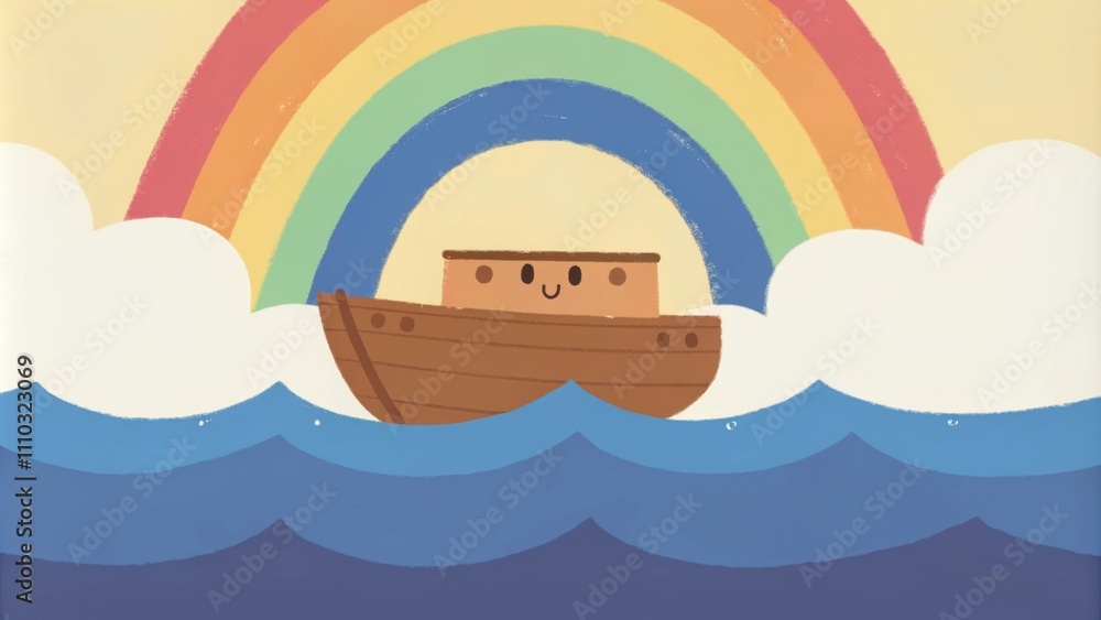 Poster the ark is depicted in a whimsical art style with exaggerated curves and a friendly expression as it