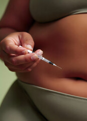 Female Hand with syringe injecting her medical treatment in the bare skin and stomach
