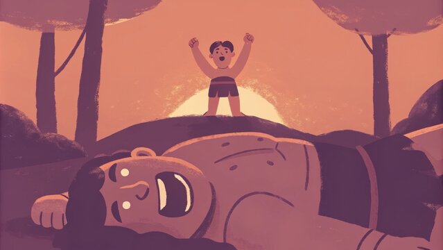 The aftermath of the encounter the giant lies defeated on the ground the expression on his face frozen in surprise. The young warrior stands proudly nearby a victorious stance with. Cartoon