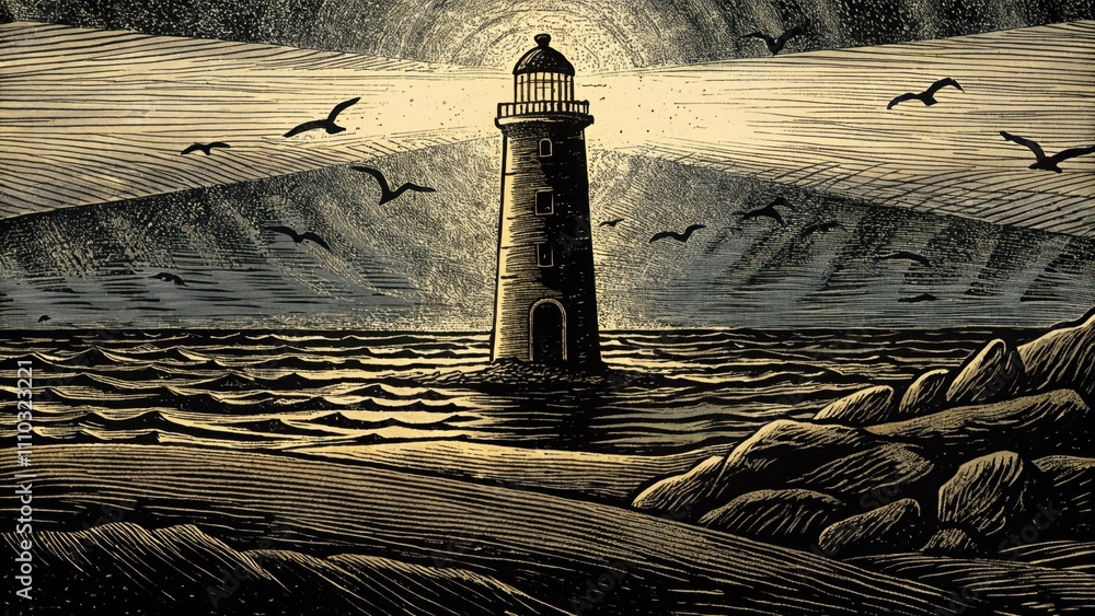 Aufkleber the lighthouse stands alone on a remote beach its light sweeping across tranquil waves. in the dista