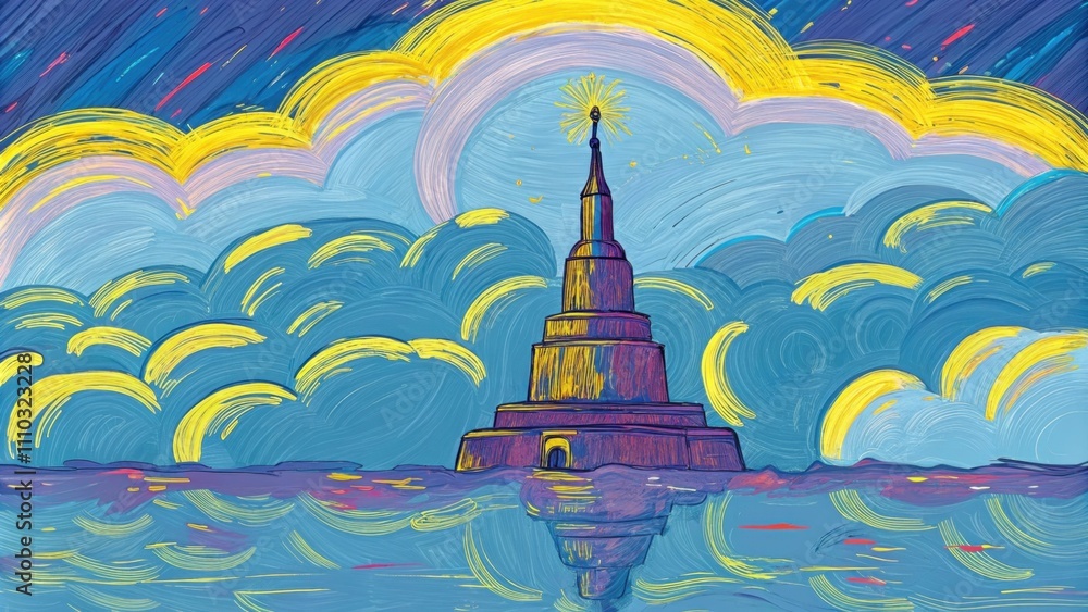 Aufkleber the new jerusalem descends through layers of fluffy clouds with its striking towers reflecting a spe