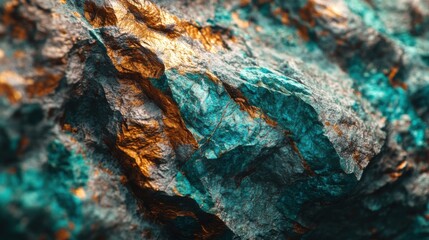 Stunning close-up of textured turquoise and copper mineral rock formation in natural light