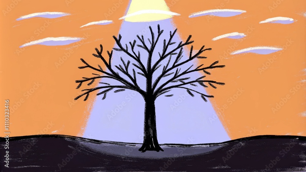 Poster A barren landscape at twilight where a single tree stands its branches illuminated by a holy light descending from the heavens. The ground around it is dark and desolate but the. Cartoon